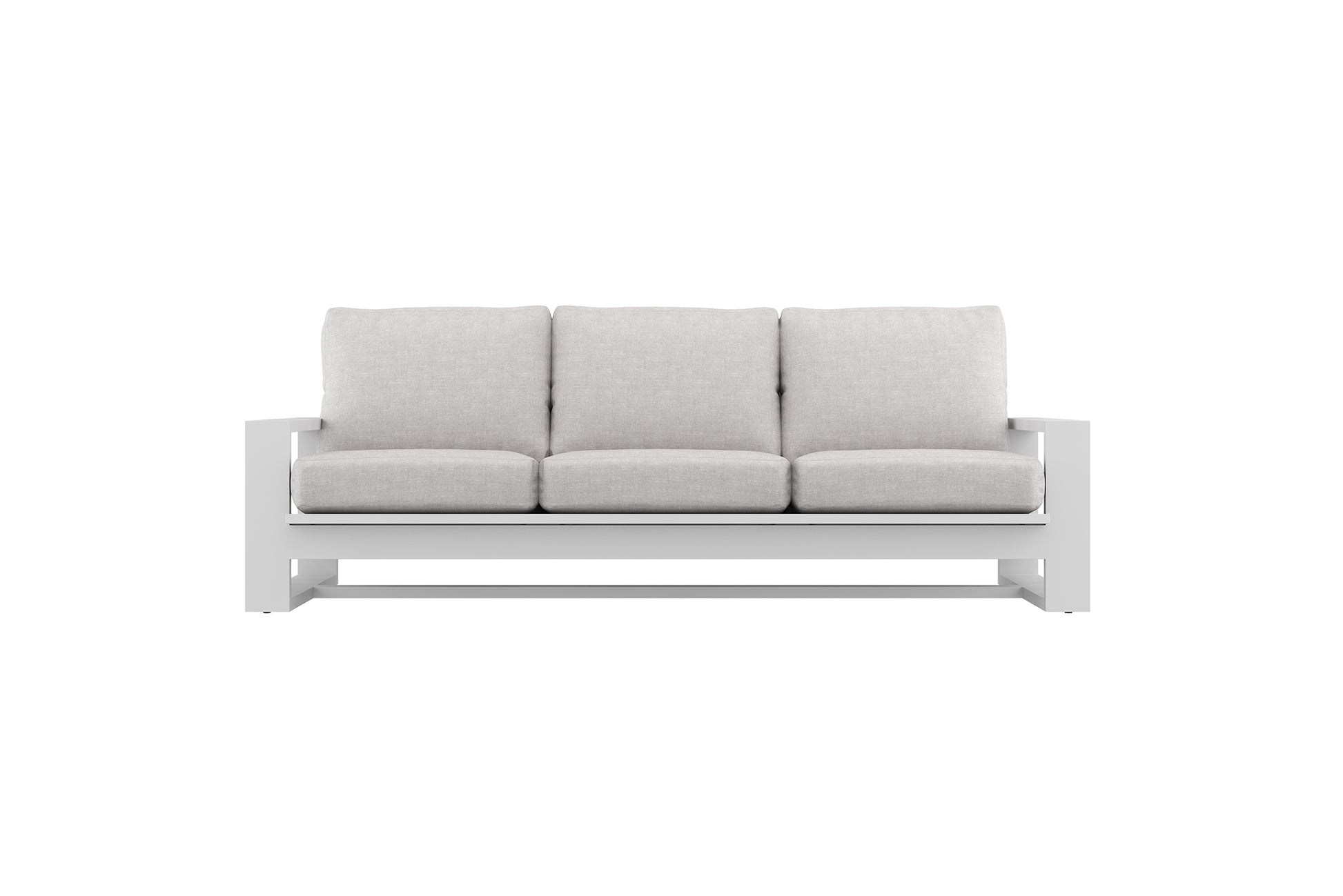 White outdoor sofa with three cushions on a white background