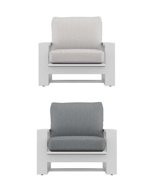 Two white outdoor armchairs with gray cushions on a white background