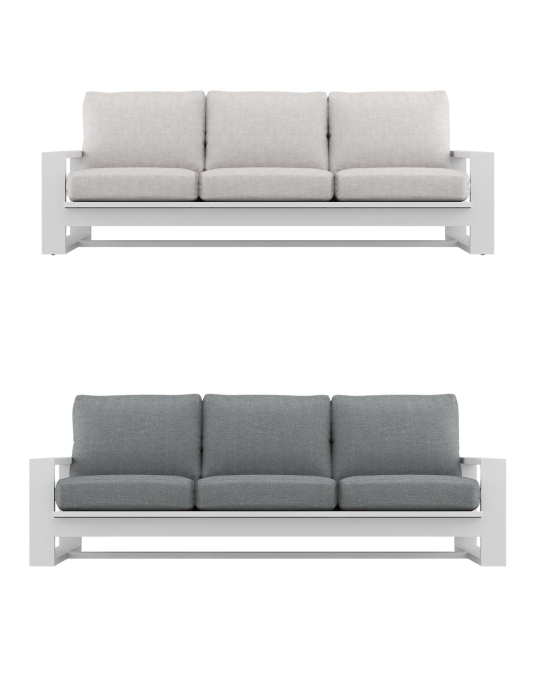 Two sofas, one with light gray cushions and the other with dark gray cushions, on a white background.