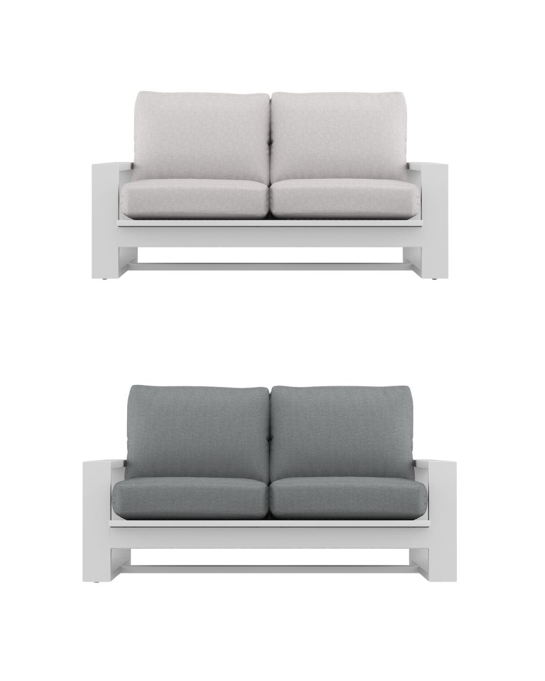 Two white outdoor sofas with gray cushions on a white background