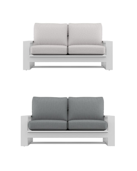 Two white outdoor sofas with gray cushions on a white background
