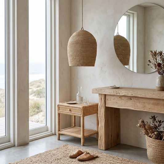 Nordic interior design with wooden furniture, pendant lamp, and large mirror.
