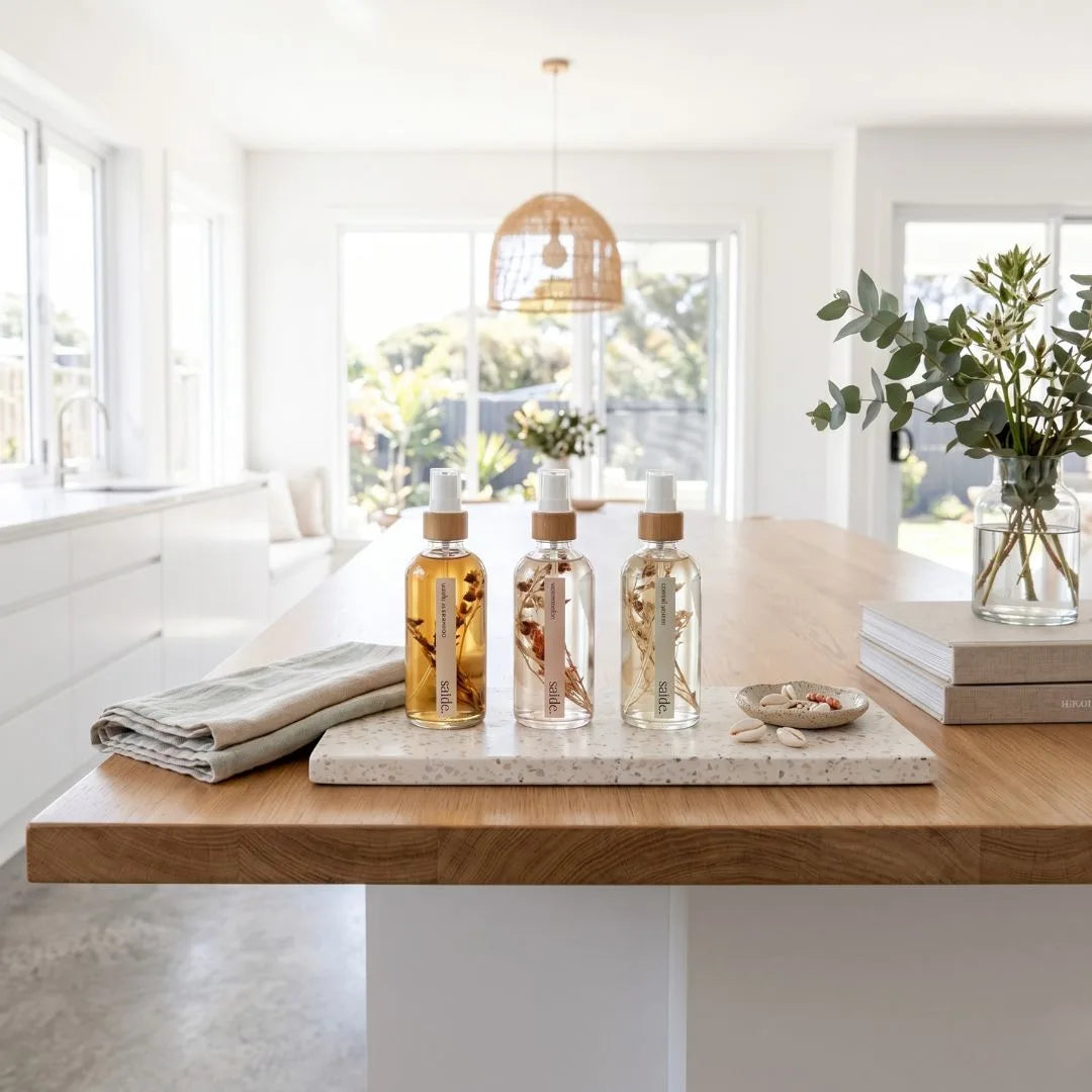 Three bottles on a marble tray with a modern interior setting