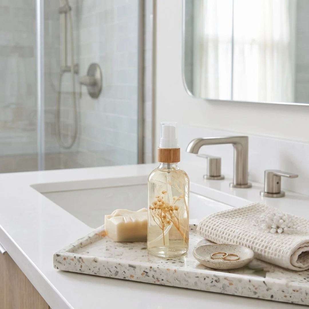 Bathroom counter with a bottle of soap, soap bar, and towel