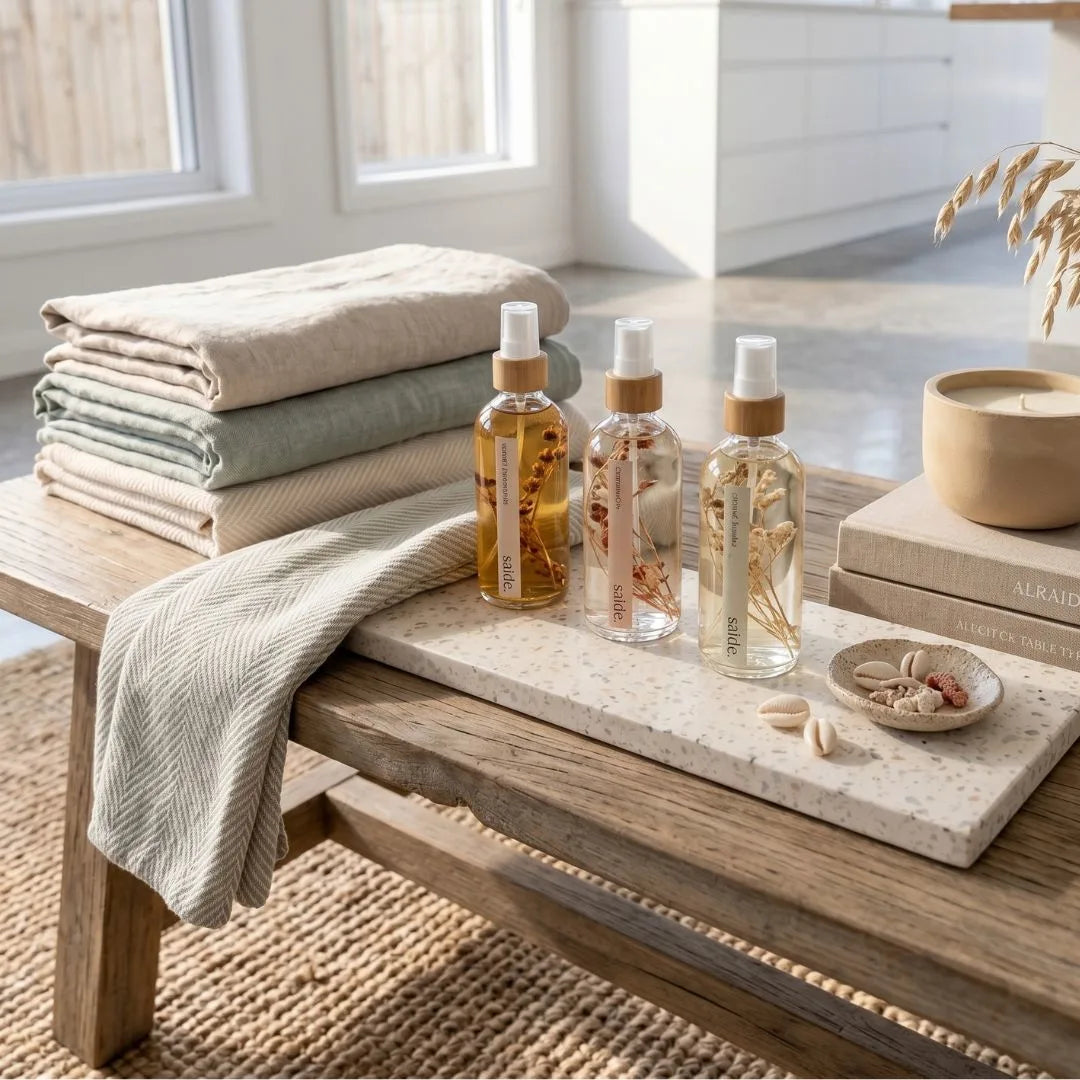 Bottles of room and linen spray bottles on a wooden table with towels and decor items.