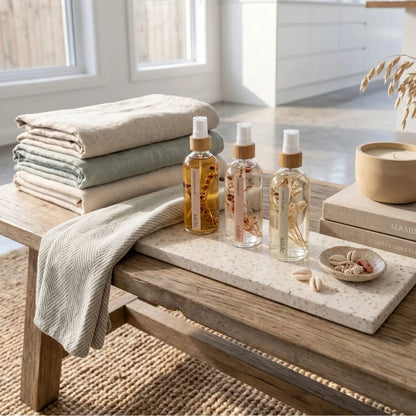 Bottles of room and linen spray bottles on a wooden table with towels and decor items.