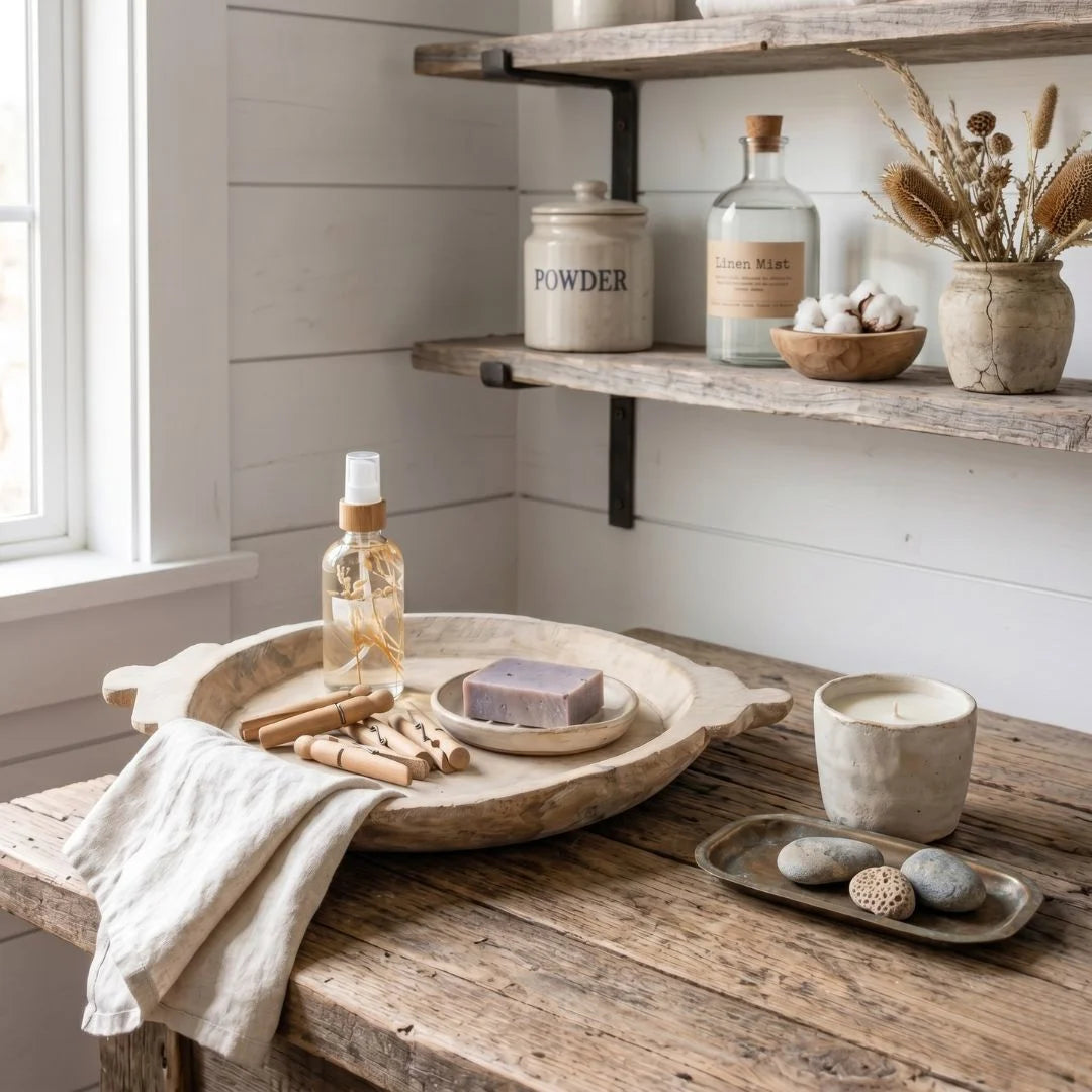 Nautical-themed room with wooden shelves and table, featuring decorative items.