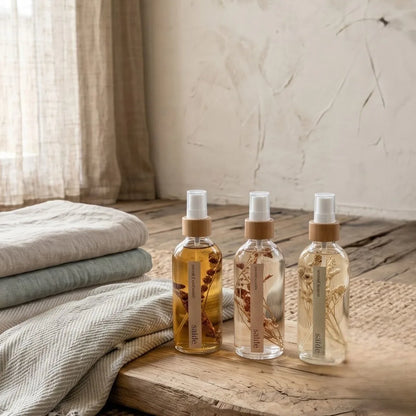 Three glass room and linen spray bottles with brown caps on a wooden surface with light curtains in the background