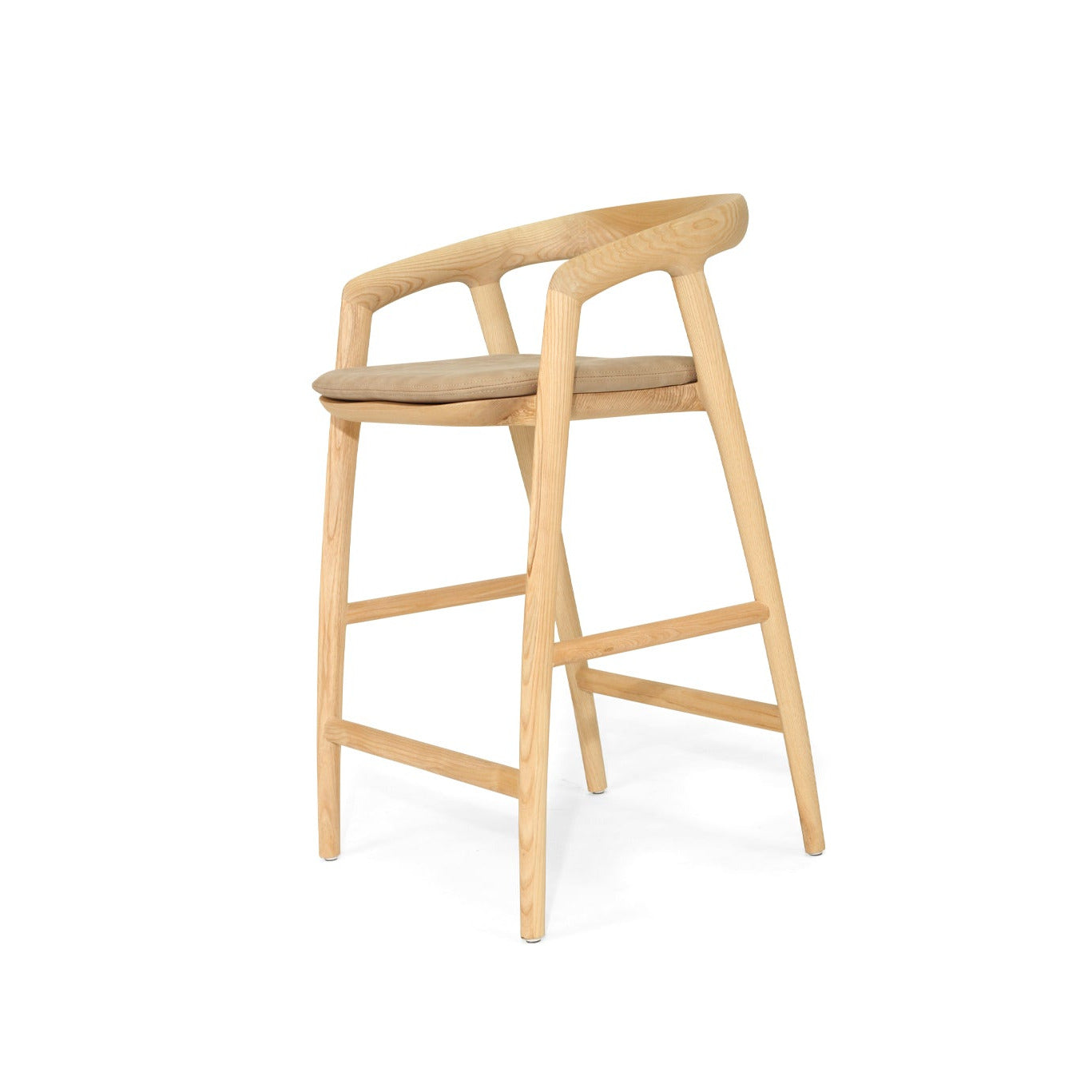 Wooden bar stool with beige cushion on a white background