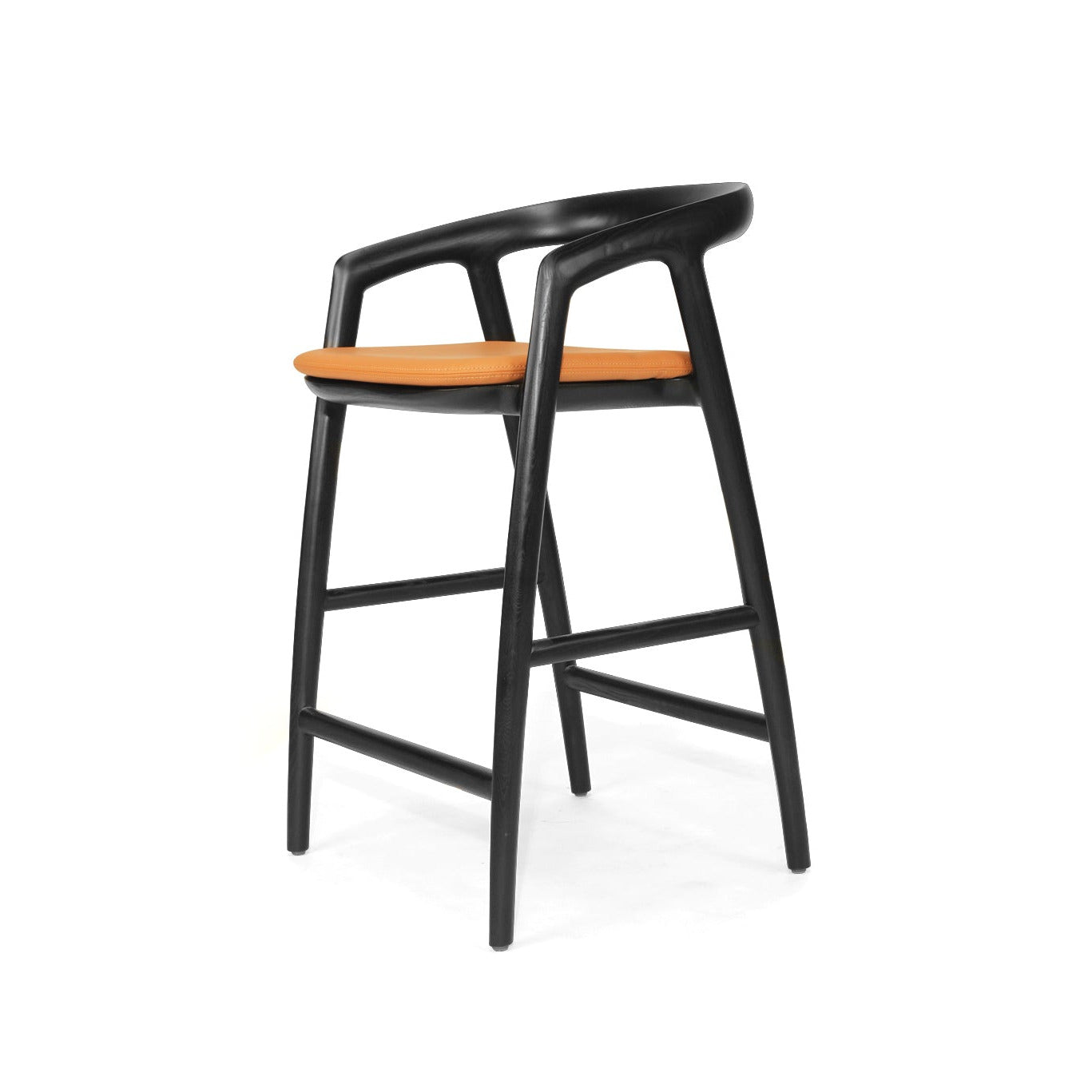 Bar stool with black frame and wooden seat on a white background