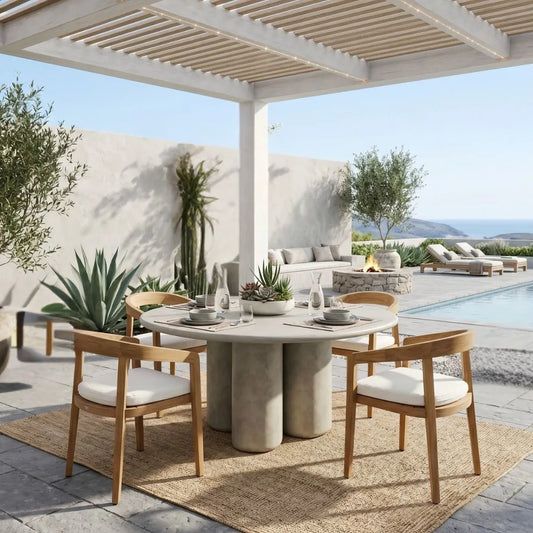 Outdoor dining area with a round concrete table and wooden chairs near a pool.