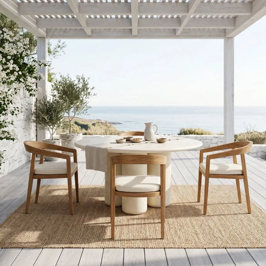 Outdoor dining area with a round table and chairs on a wooden deck overlooking the ocean.