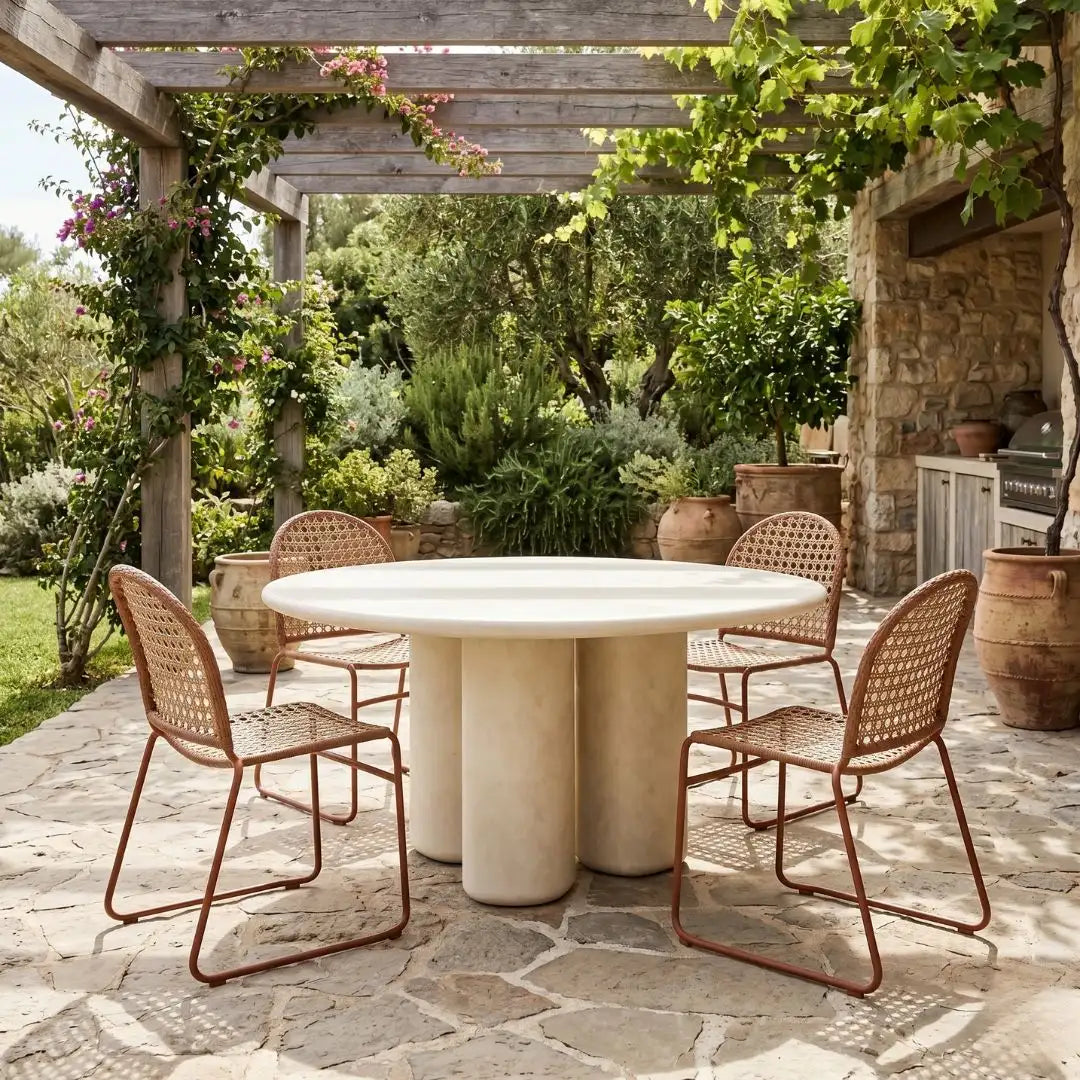 Outdoor dining area with a round stone table and wicker chairs under a wooden pergola.