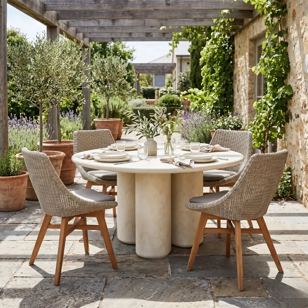 Outdoor dining setup with a round stone table and wicker chairs in a garden setting.
