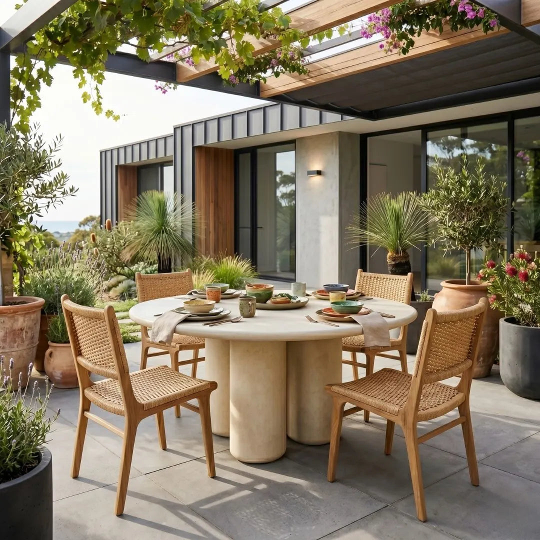 Outdoor dining area with a round table and chairs, surrounded by plants and a modern building.