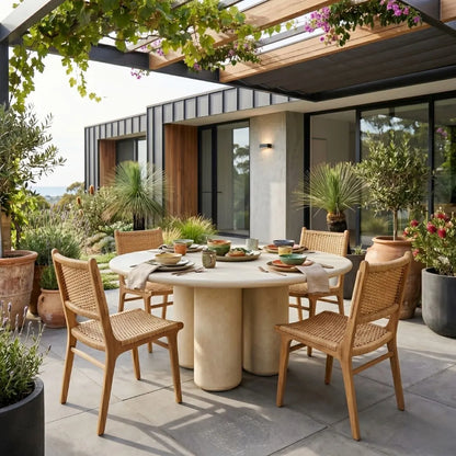 Outdoor dining area with a round table and chairs, surrounded by plants and a modern building.