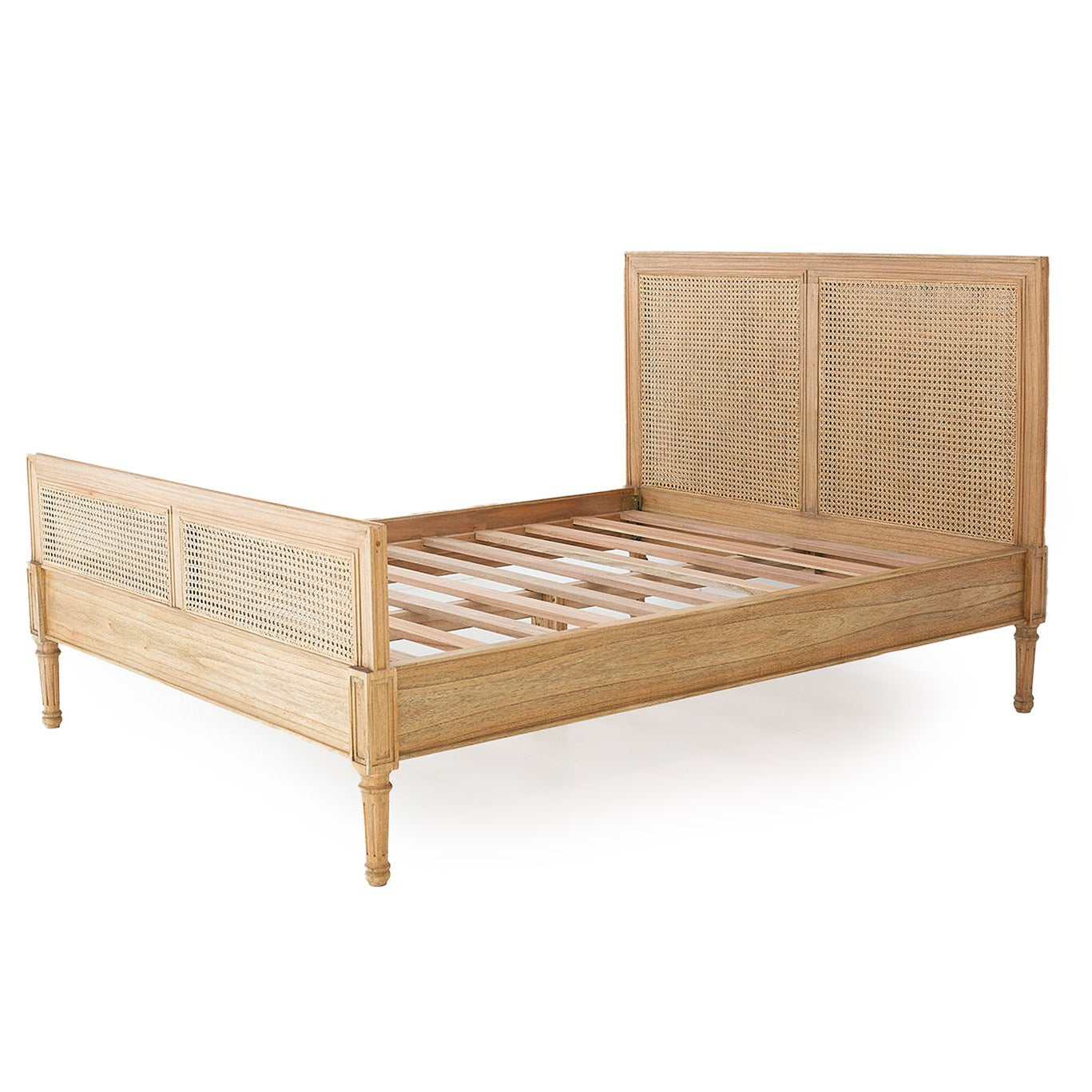 Wooden bed frame with wicker headboard on a white background