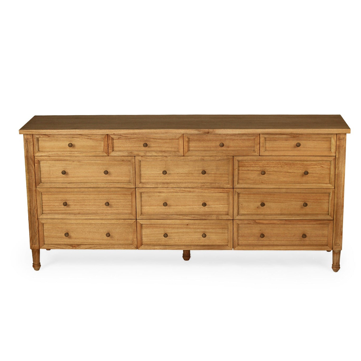 Wooden dresser with multiple drawers on a white background