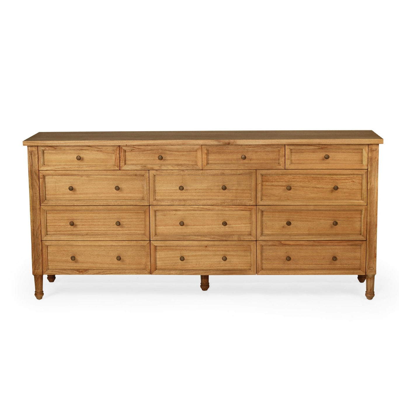 Wooden dresser with multiple drawers on a white background