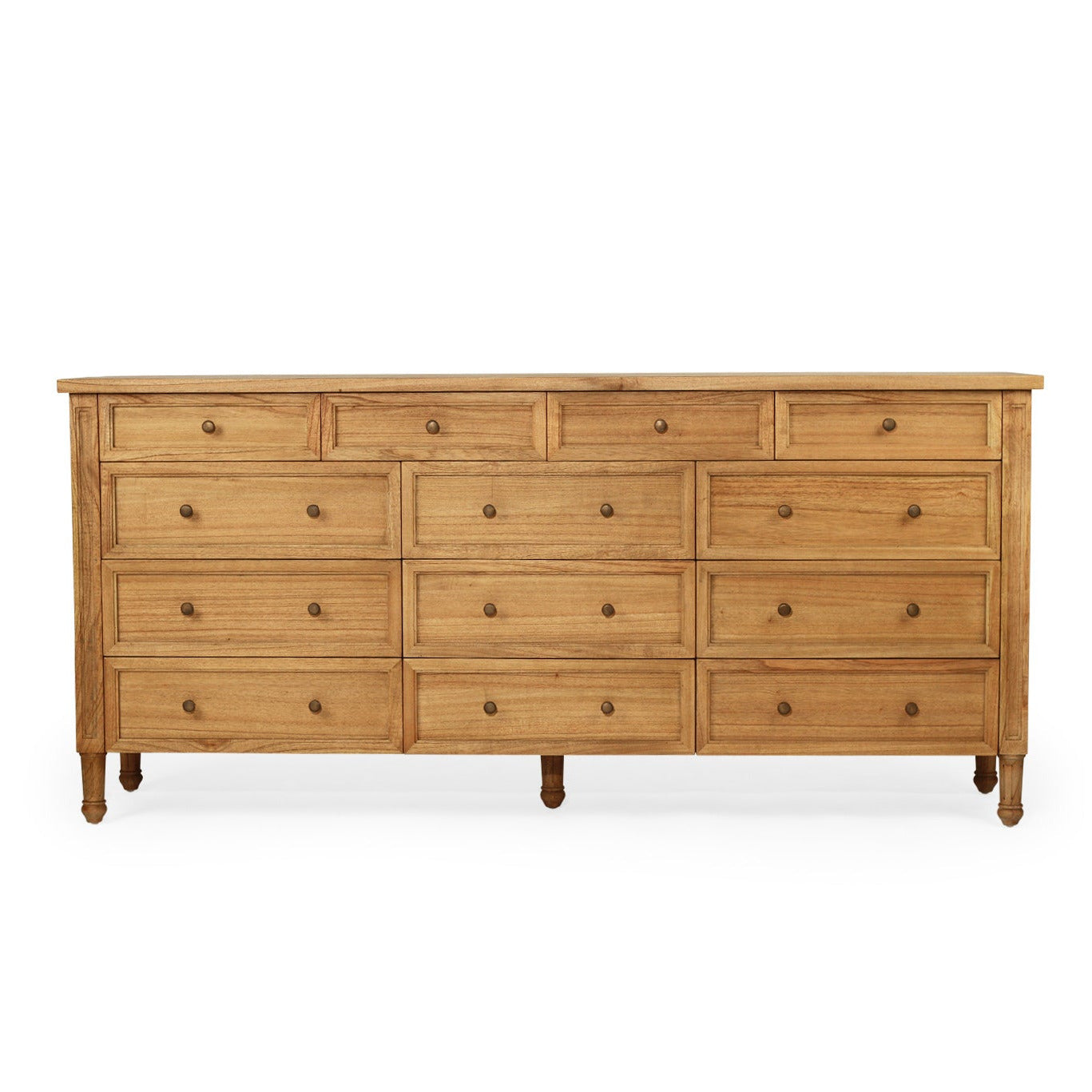 Wooden dresser with multiple drawers on a white background