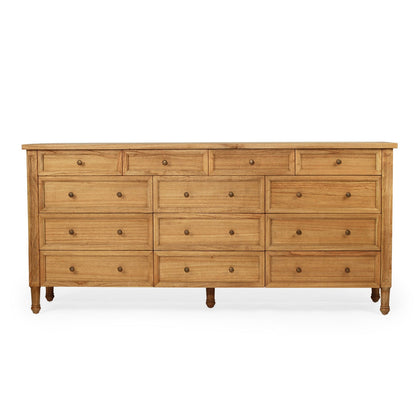 Wooden dresser with multiple drawers on a white background
