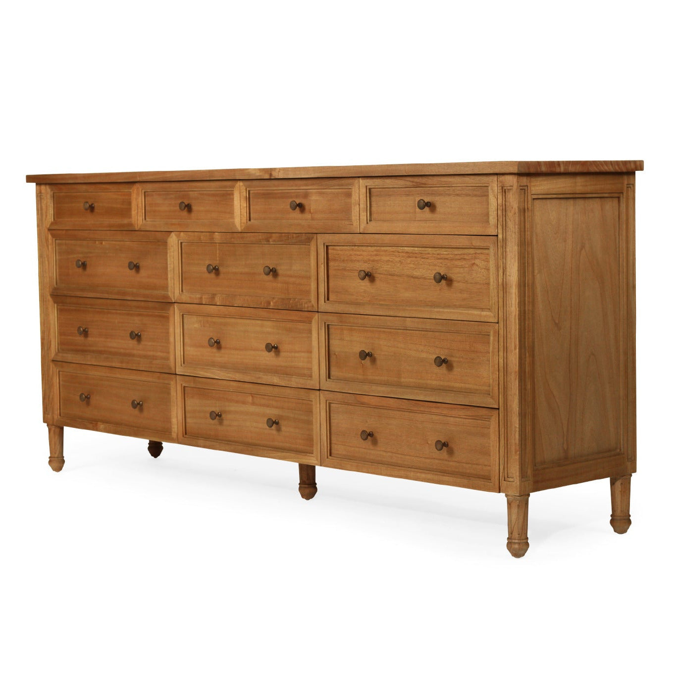 Wooden dresser with multiple drawers on a white background