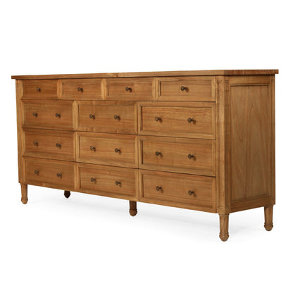 Wooden dresser with multiple drawers on a white background