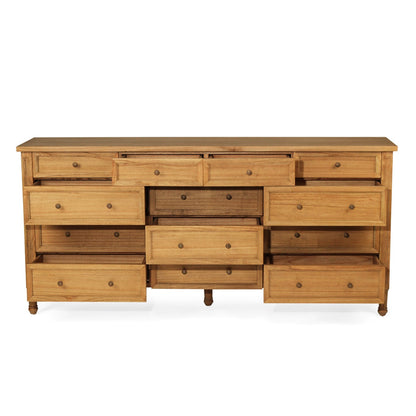 Wooden dresser with multiple drawers on a white background