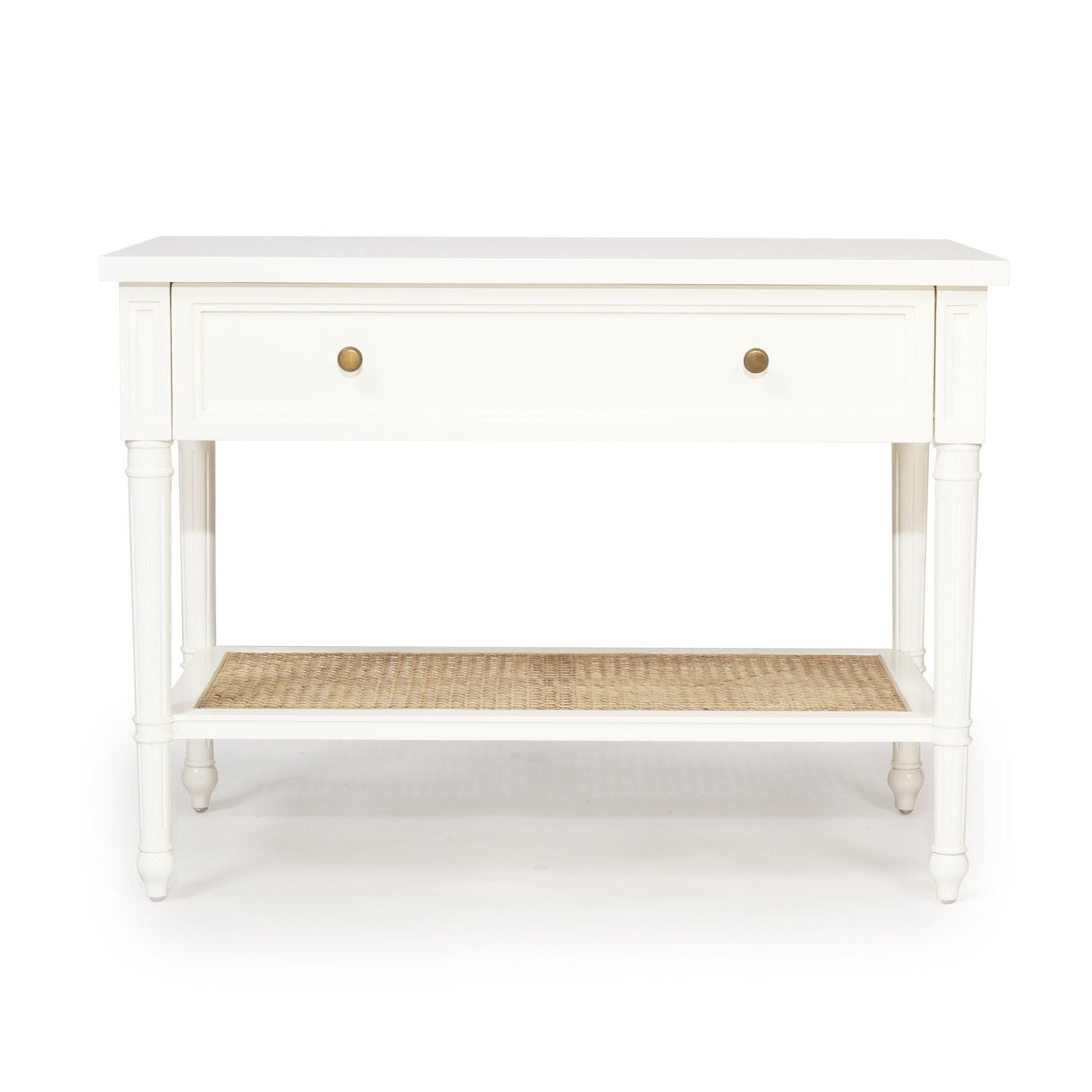 Product image of Sun Republic Cayman 91cm wide white timber and rattan single drawer nightstand bedside table on a white background
