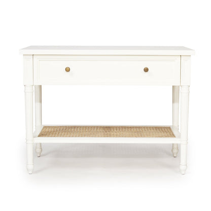 Product image of Sun Republic Cayman 91cm wide white timber and rattan single drawer nightstand bedside table on a white background