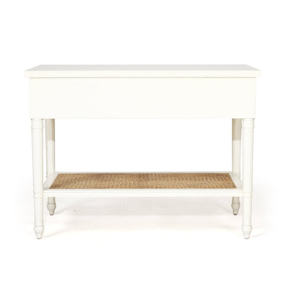 Product image of Sun Republic Cayman 91cm wide white timber and rattan single drawer nightstand bedside table on a white background