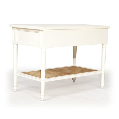 Product image of Sun Republic Cayman 91cm wide white timber and rattan single drawer nightstand bedside table on a white background