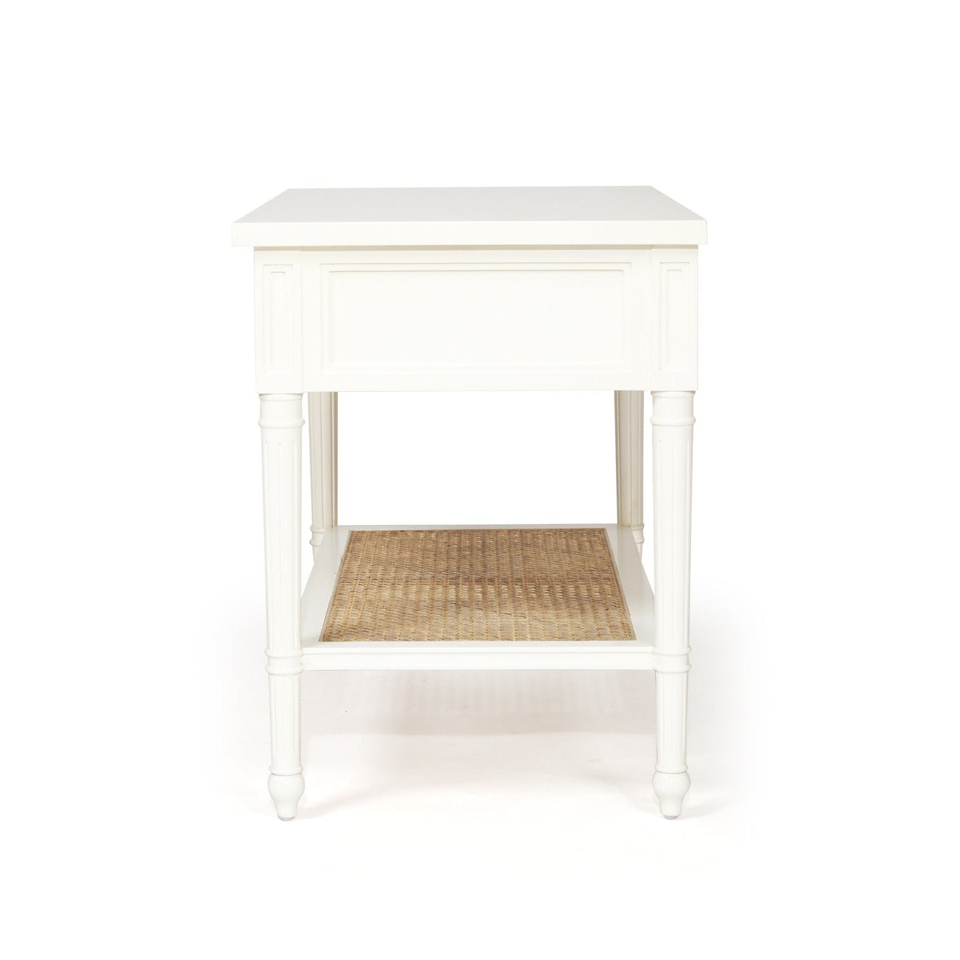 Product image of Sun Republic Cayman 91cm wide white timber and rattan single drawer nightstand bedside table on a white background