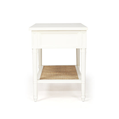 Product image of Sun Republic Cayman 91cm wide white timber and rattan single drawer nightstand bedside table on a white background