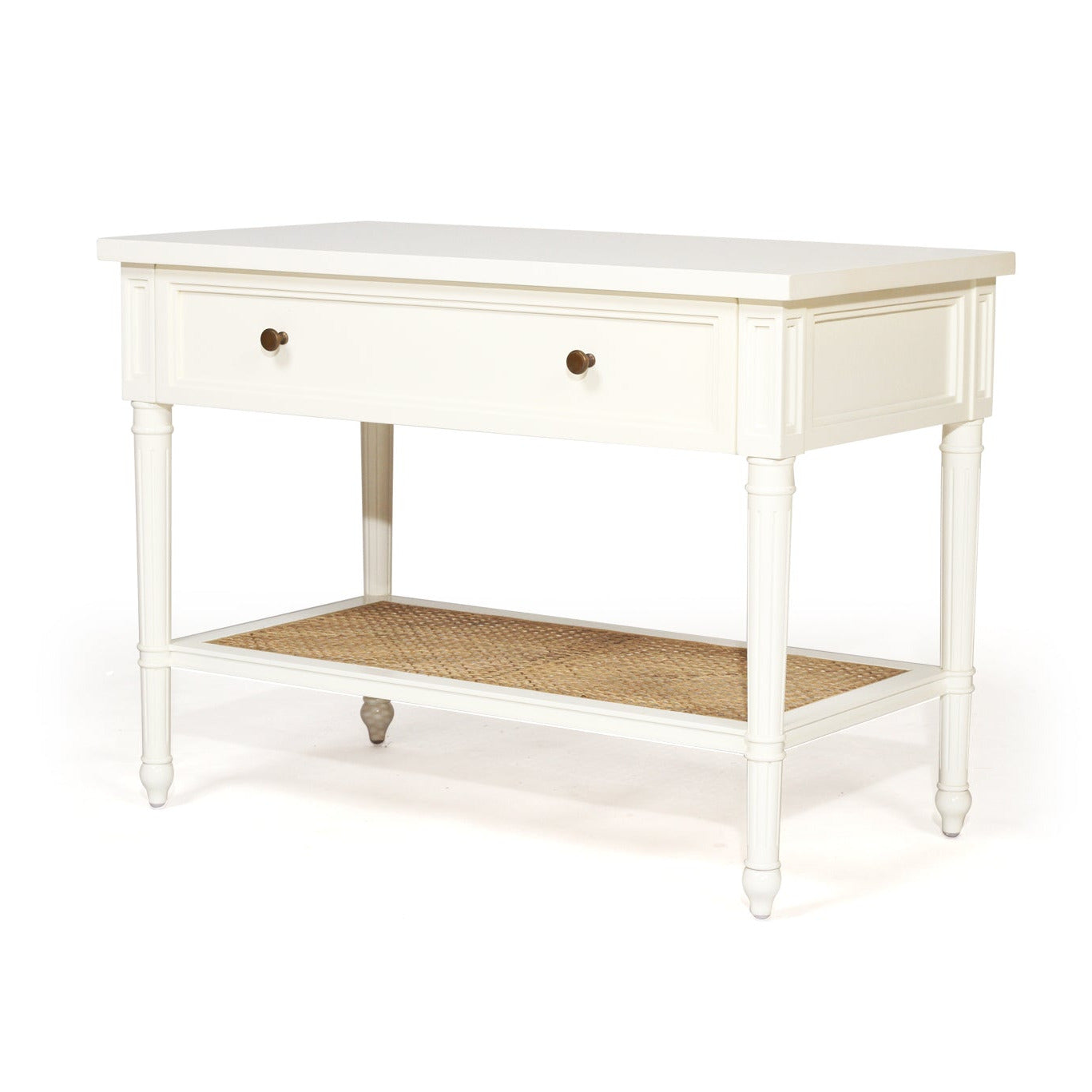 Product image of Sun Republic Cayman 91cm wide white timber and rattan single drawer nightstand bedside table on a white background