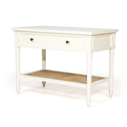 Product image of Sun Republic Cayman 91cm wide white timber and rattan single drawer nightstand bedside table on a white background