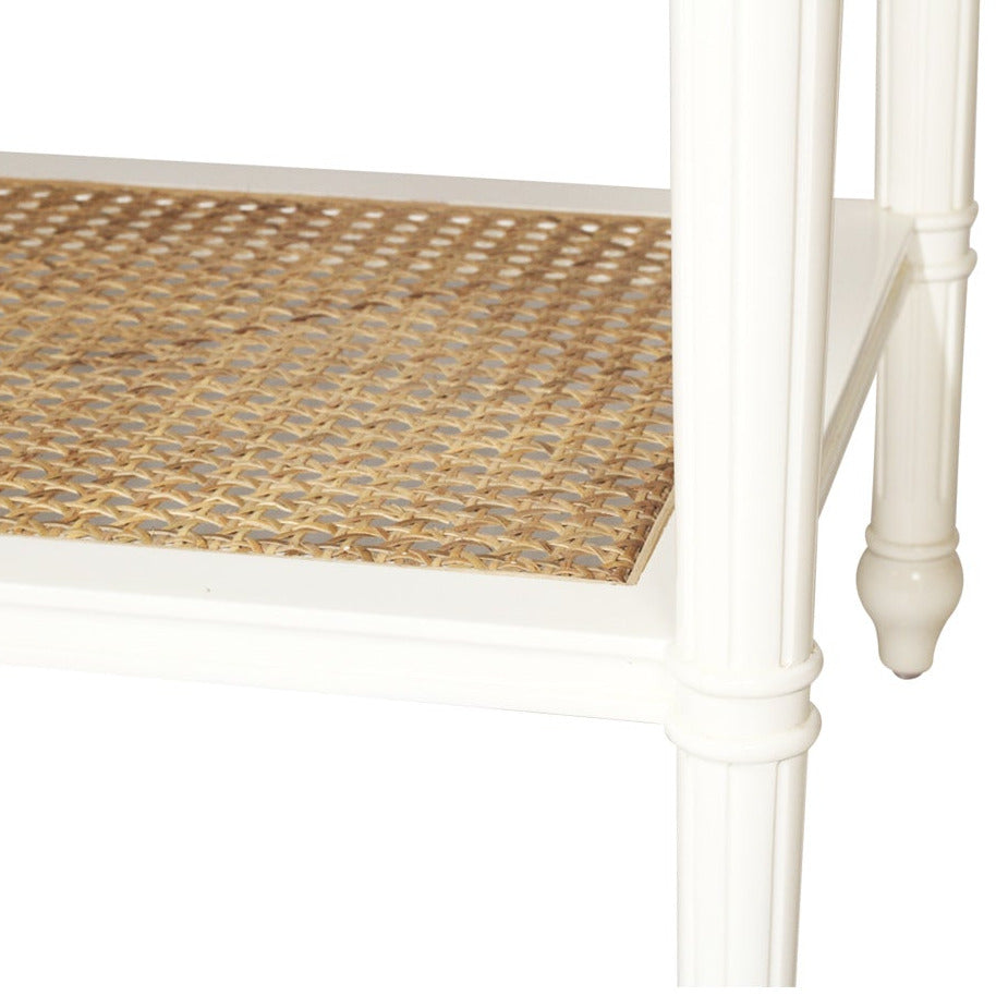 Product image of Sun Republic Cayman 91cm wide white timber and rattan single drawer nightstand bedside table on a white background