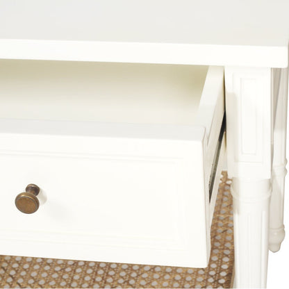 Product image of Sun Republic Cayman 91cm wide white timber and rattan single drawer nightstand bedside table on a white background