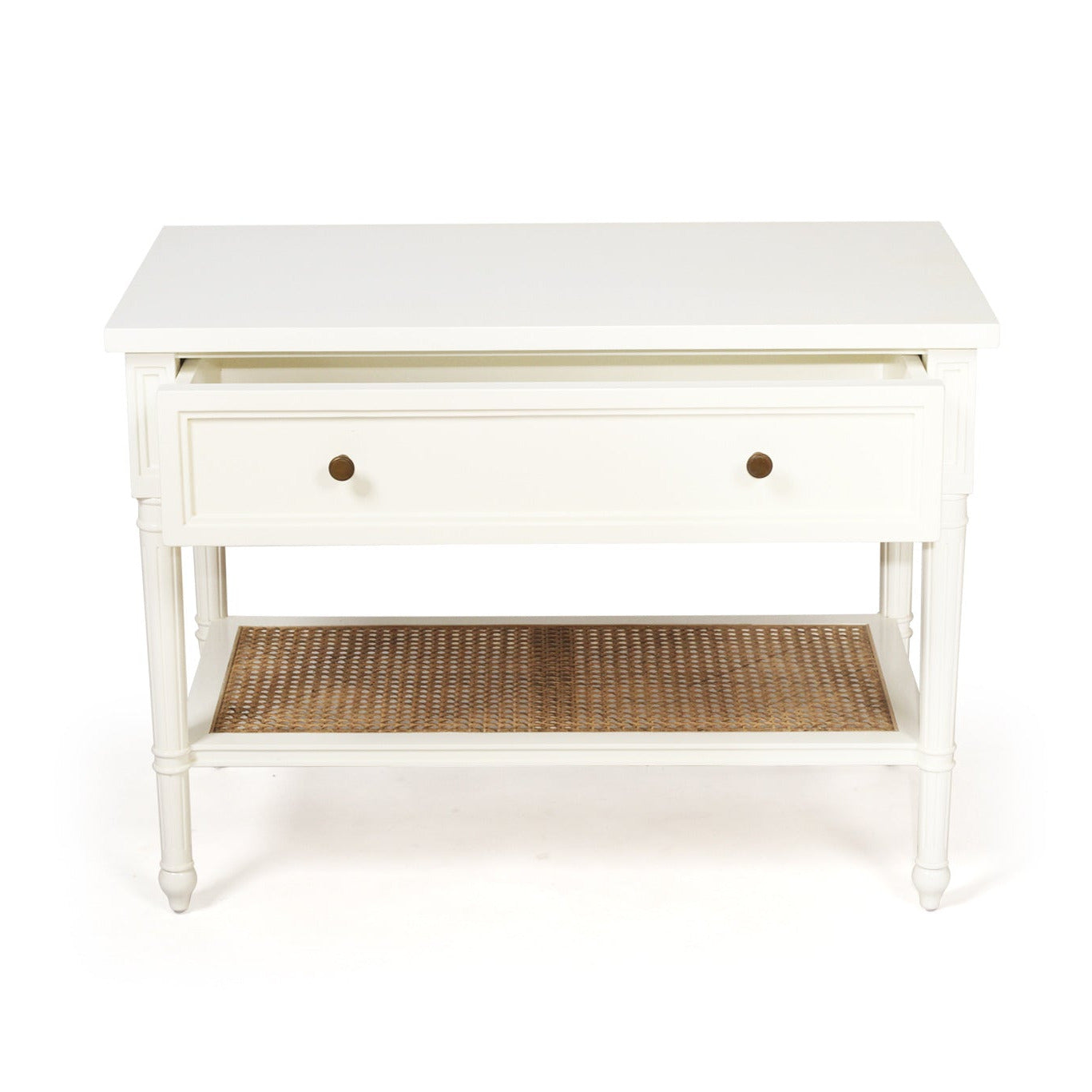 Product image of Sun Republic Cayman 91cm wide white timber and rattan single drawer nightstand bedside table on a white background