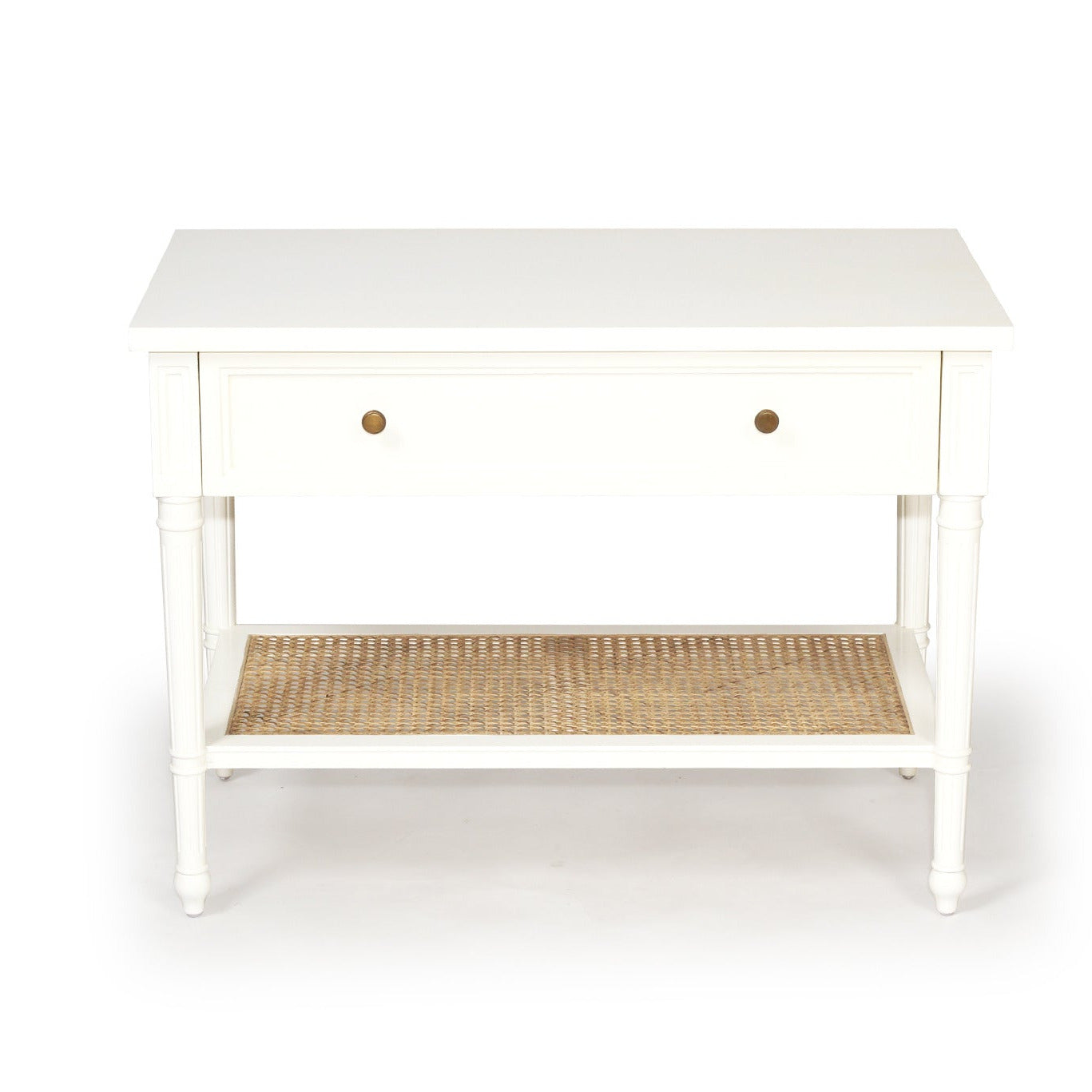 Product image of Sun Republic Cayman 91cm wide white timber and rattan single drawer nightstand bedside table on a white background