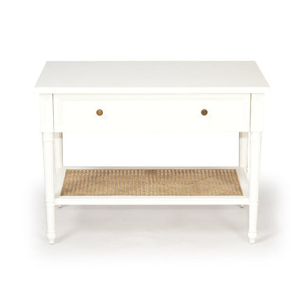 Product image of Sun Republic Cayman 91cm wide white timber and rattan single drawer nightstand bedside table on a white background