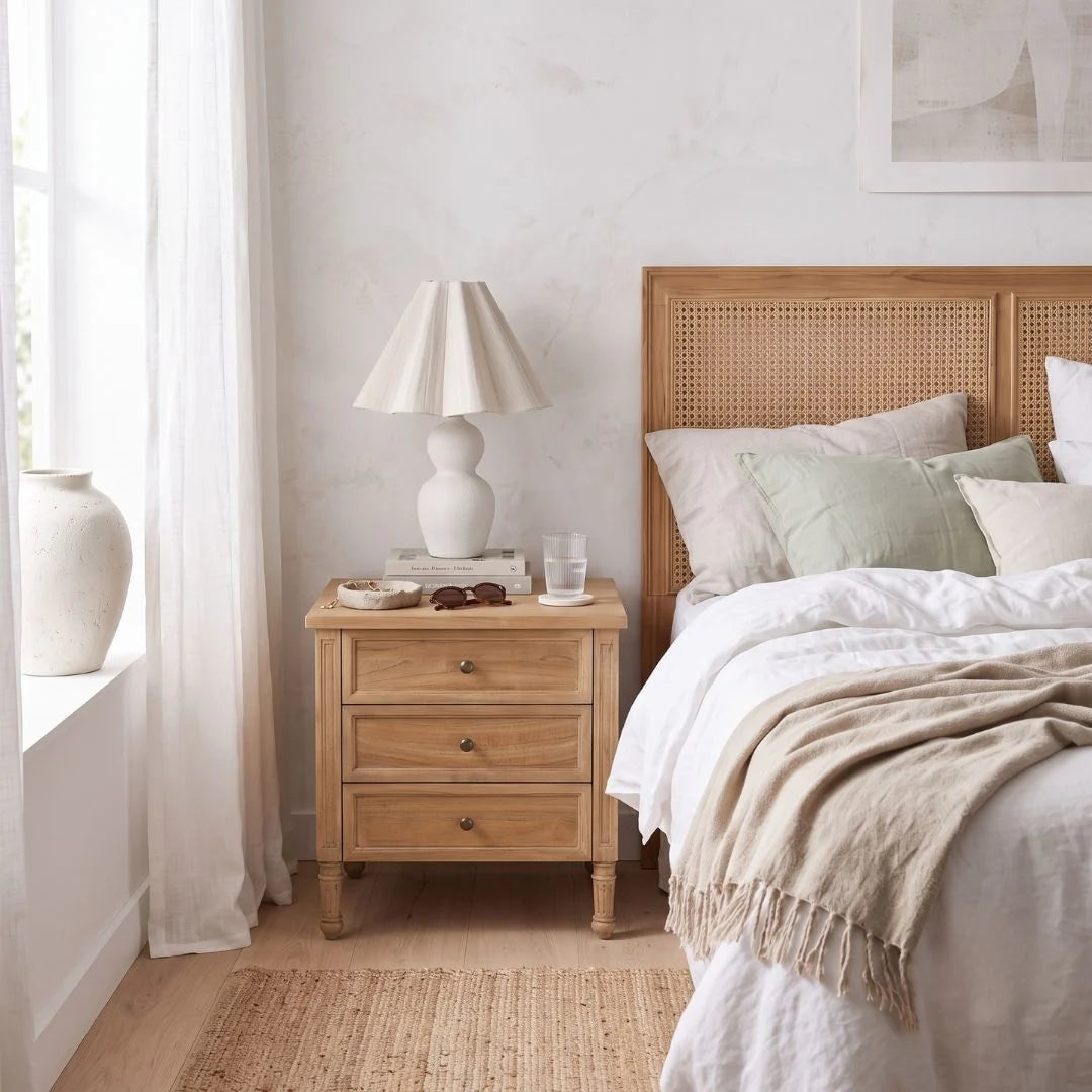 Weathered Oak Timber bedside Table in a modern styled bedroom