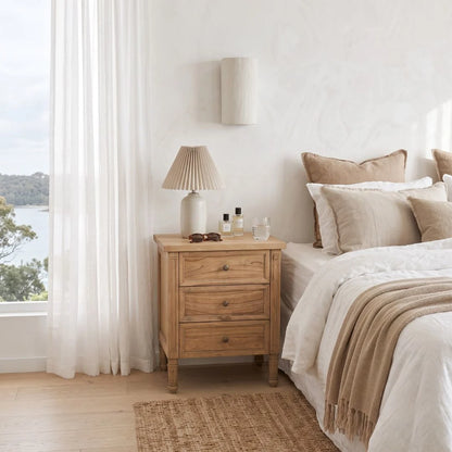 Weathered Oak Timber bedside Table in a modern styled bedroom