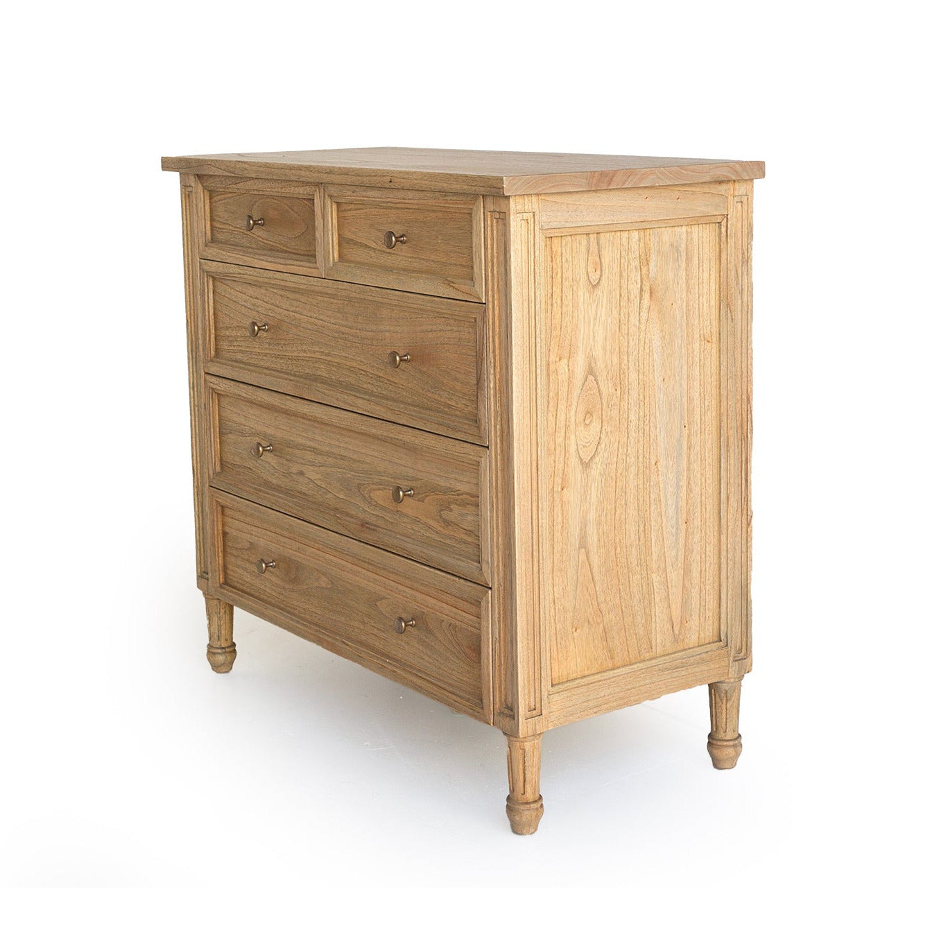 Wooden dresser with multiple drawers on a white background