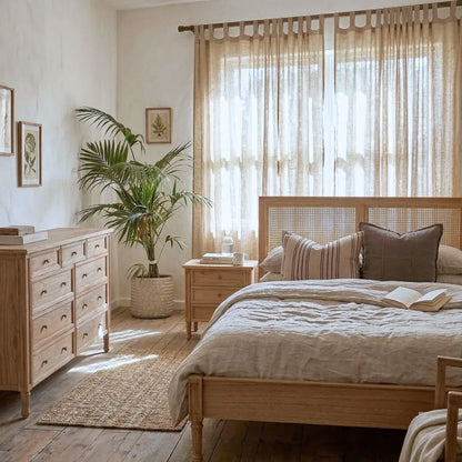 Cozy bedroom with sun republic cayman wooden dresser, bedside table and bed