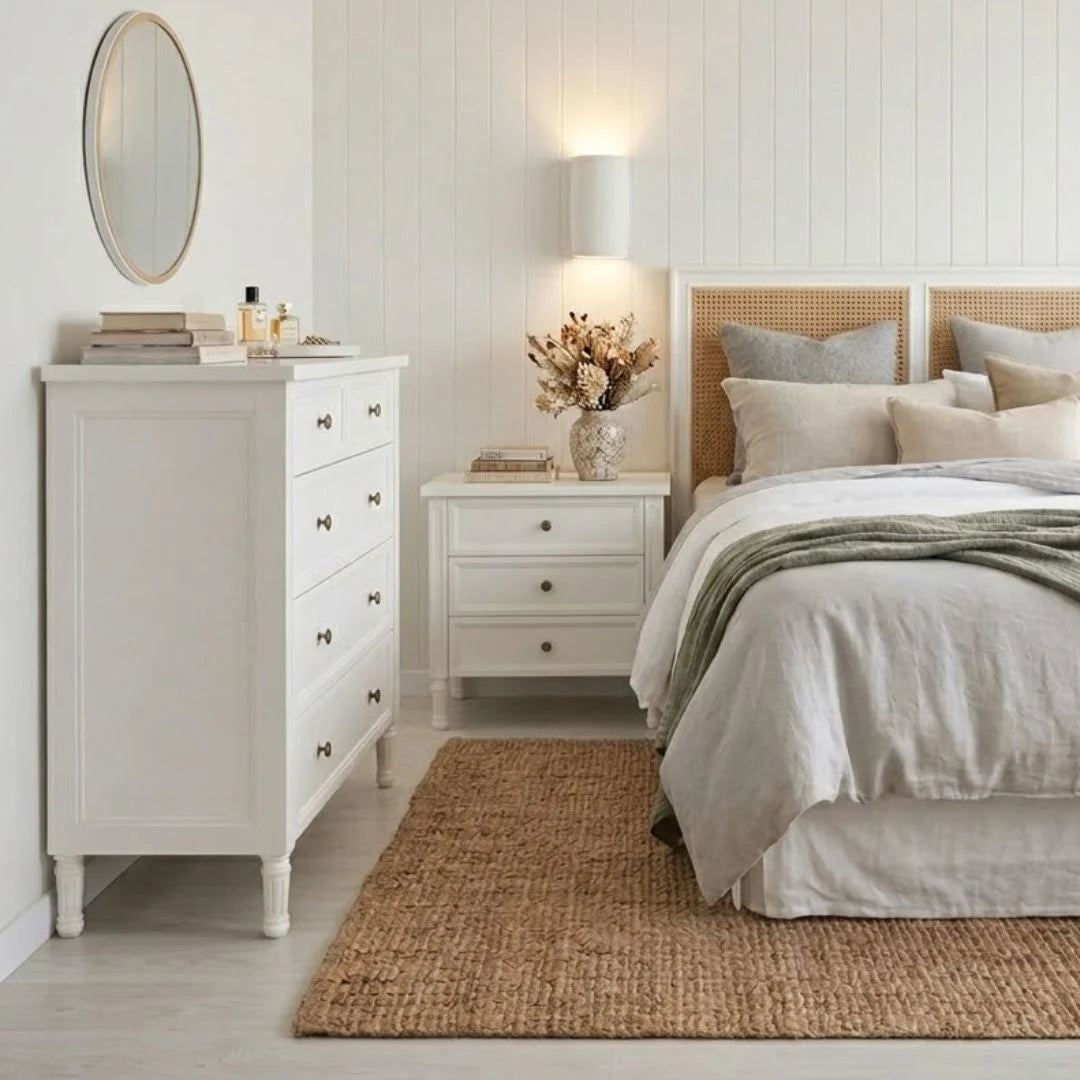 Neatly arranged bedroom with a bed, nightstands, and dresser.