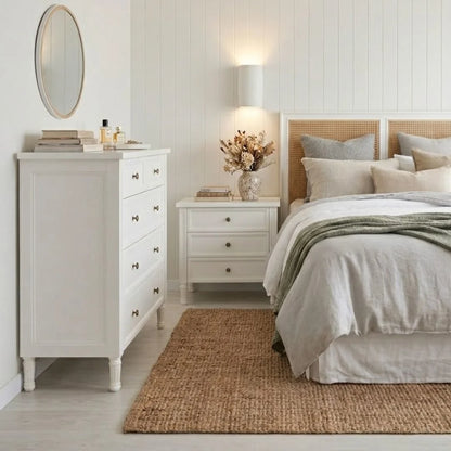Neatly arranged bedroom with a bed, nightstands, and dresser.