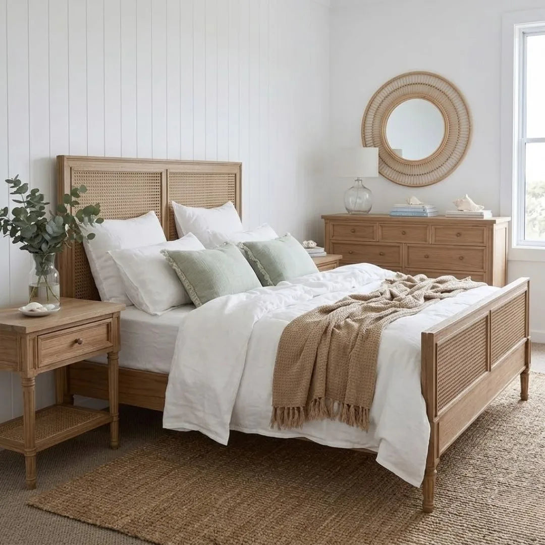Bedroom with wooden bed and matching nightstands, featuring a round mirror on the wall.