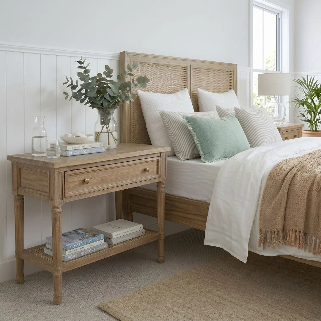 Bedroom with wooden headboard, nightstand, and decor elements.