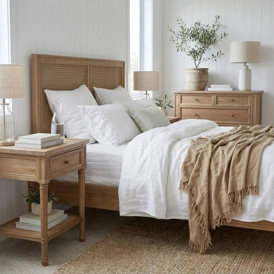 Neatly made bed with wooden headboard and nightstands in a bedroom setting.